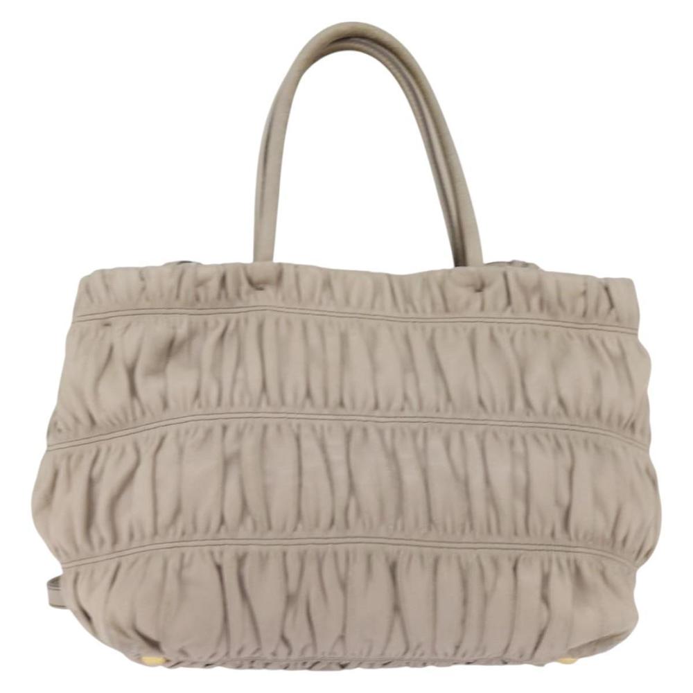 PRADA Gathered Hand Bag Leather 2way Beige Gold Auth BA5654 - Picture 2 of 16